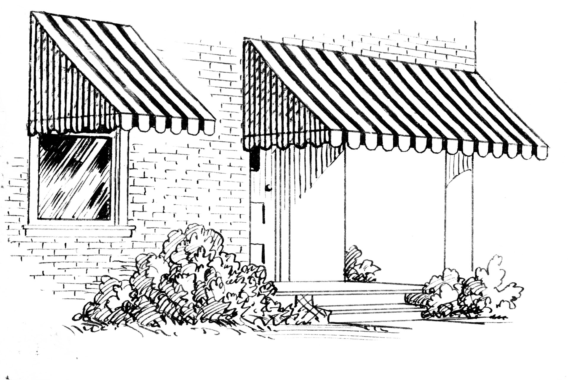 Ink drawing of two striped awnings, one over a window and one over a porch